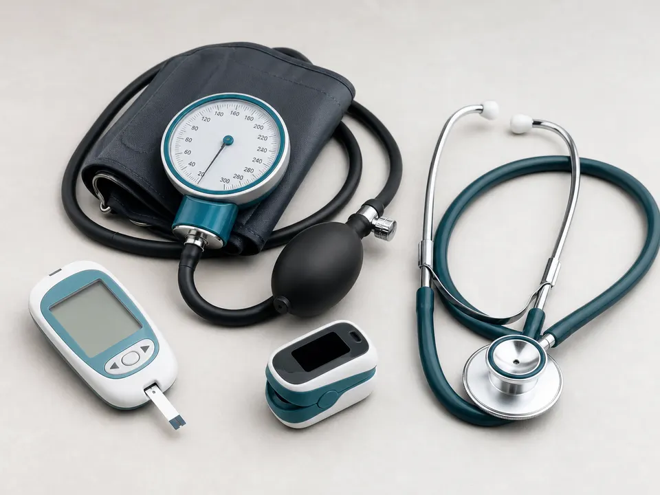 Blood pressure monitor, stethoscope, glucometer and pulse oximeter